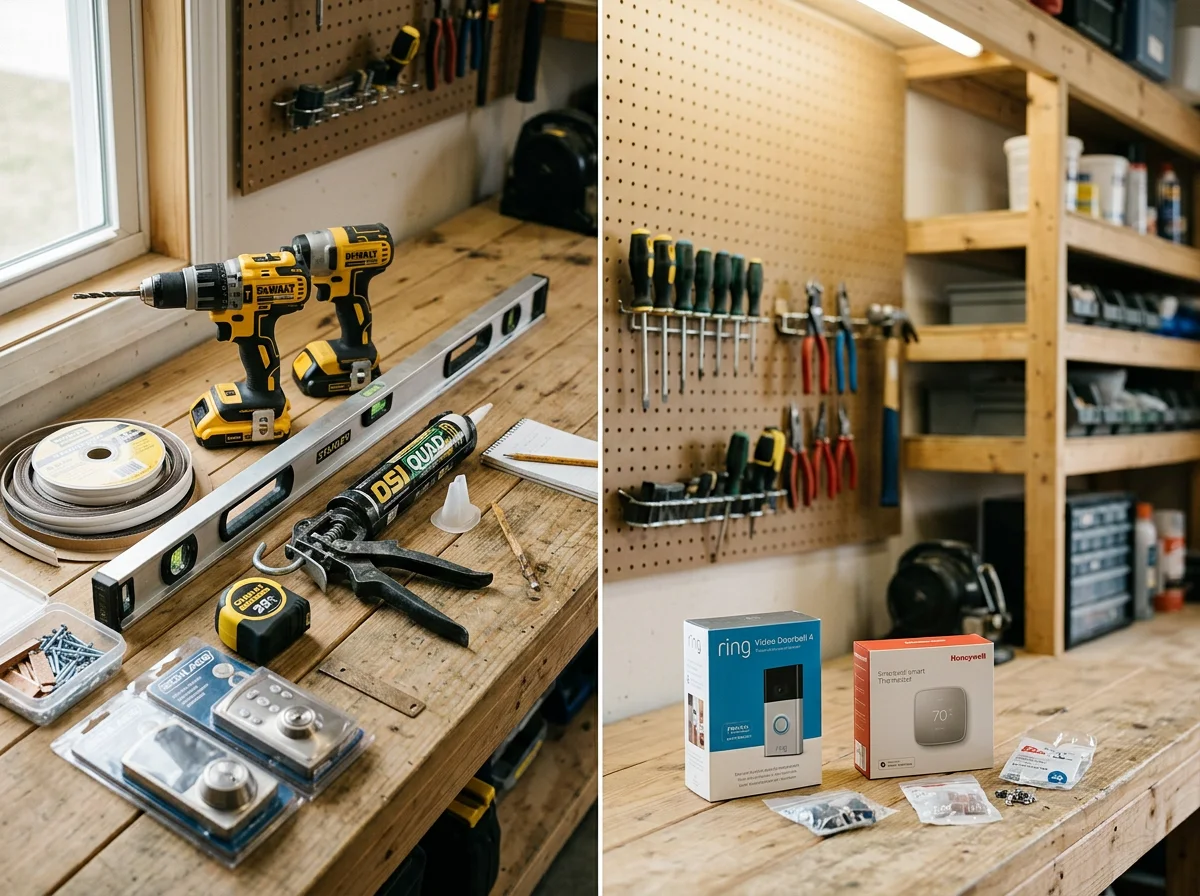Professional installation tools and equipment arranged on a work surface, representing the range of home improvement services offered.