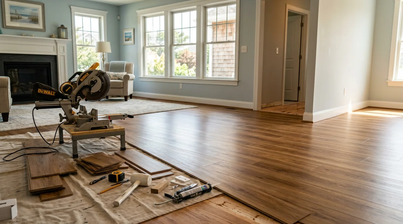 Professional flooring installation showing hardwood and vinyl plank options