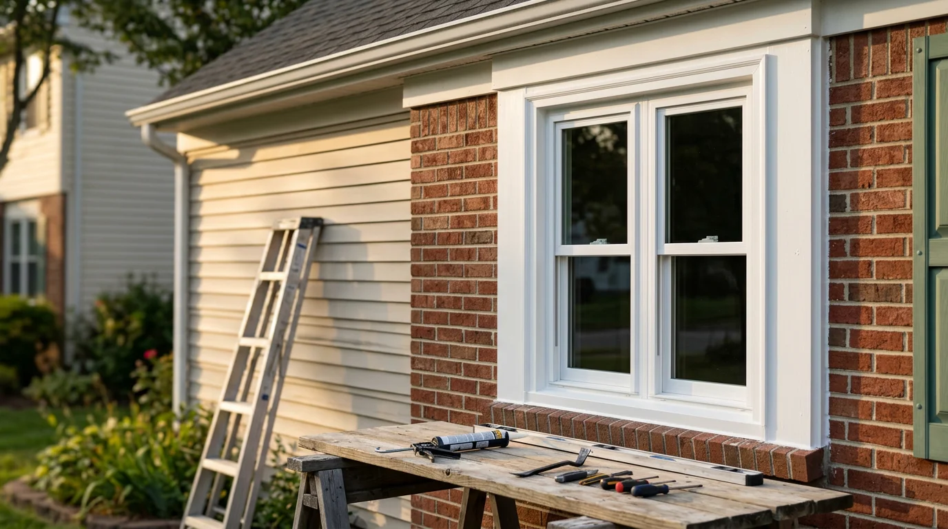 Professional window installation in a residential home exterior