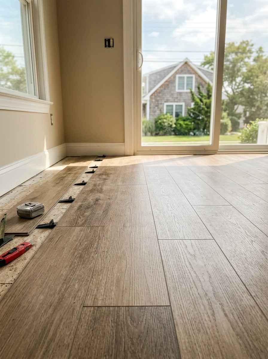LVP flooring being installed in a South Jersey home interior, with natural light coming through a newly replaced sliding glass door.