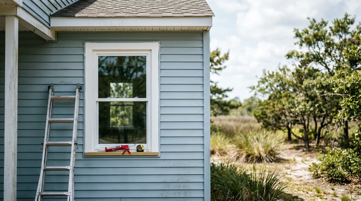 New window installation on a single-family ranch home in Atlantic County, NJ, with coastal vegetation visible in the background.