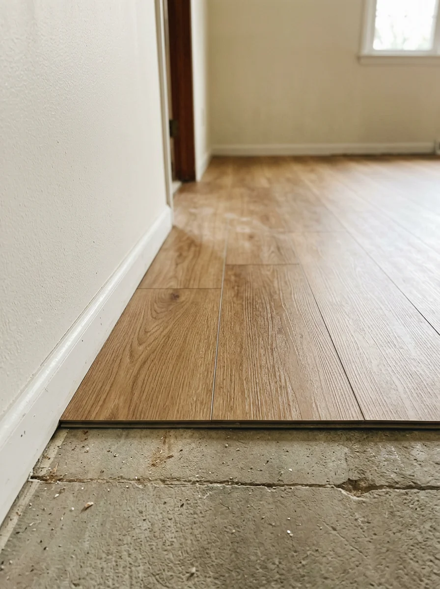 LVP flooring installation inside a 1950s ranch home in Burlington County, NJ, with a concrete slab subfloor visible at the room's edge.