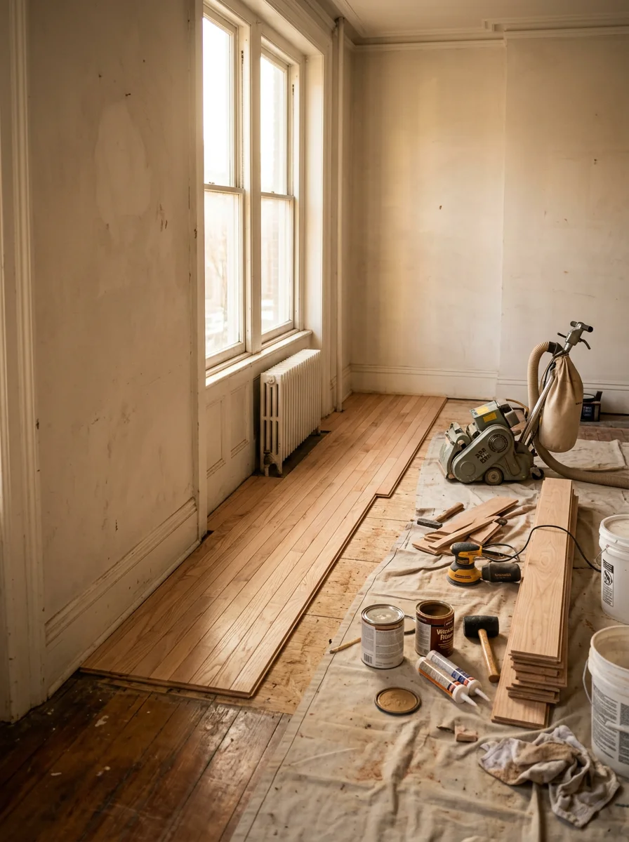 Hardwood flooring installation in progress inside a Camden County row house, with original plaster walls and natural light from a street-facing window.
