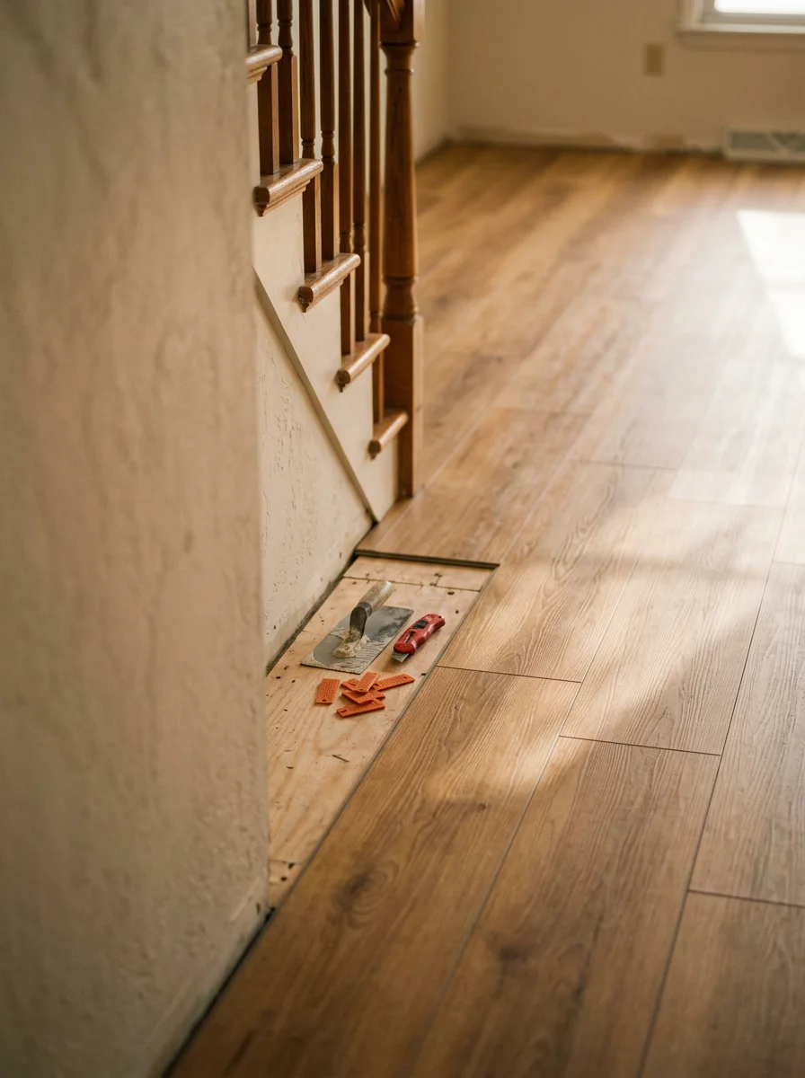LVP flooring installation in a Cherry Hill split-level home living room, with original plaster walls and a staircase visible in the background.