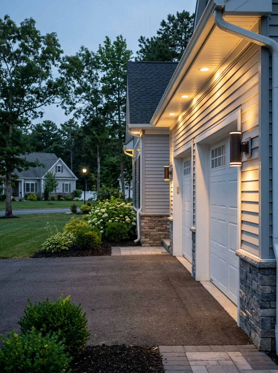 Smart exterior lighting installation on the front of a newer single-family home in an Egg Harbor Township planned community, with a two-car garage and landscaped front yard.
