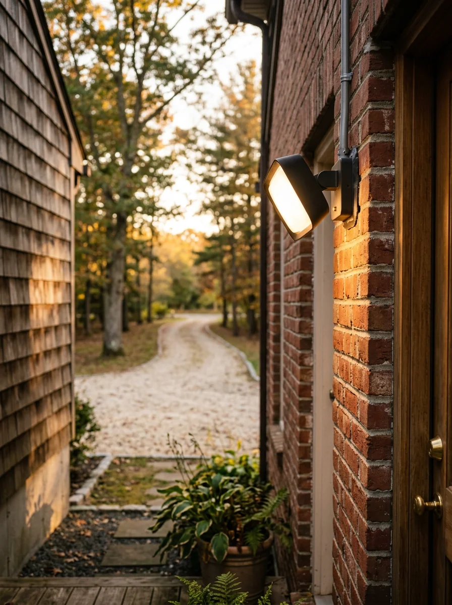 Smart exterior lighting installation on the front of a Hamilton Township, NJ home near Mays Landing, with a long driveway and rural lot in the background.