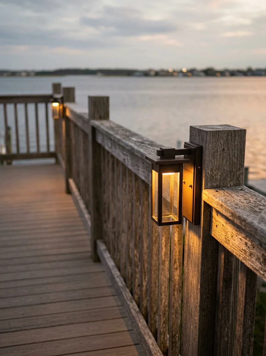 Smart exterior lighting fixture installation on the deck of a bayfront vacation home in Long Beach Island, NJ, with Barnegat Bay at dusk.
