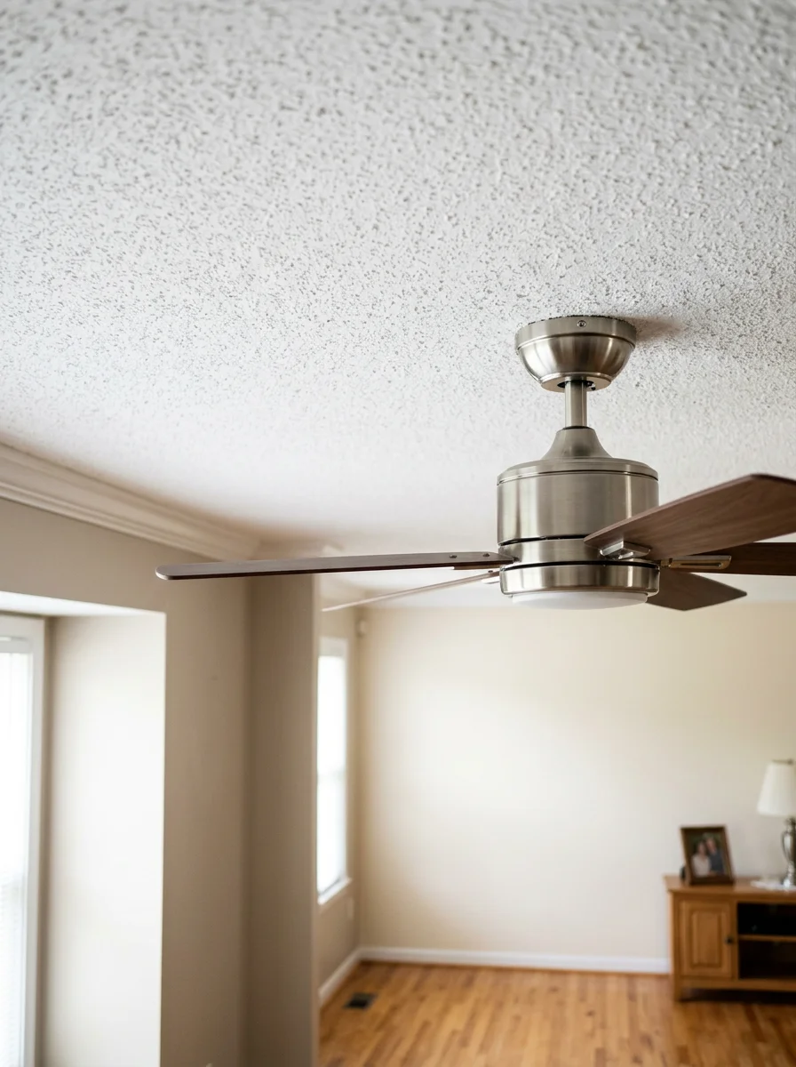 Ceiling fan installation in a single-story ranch home interior in an Ocean County, NJ adult community, with a clean white ceiling and natural light.