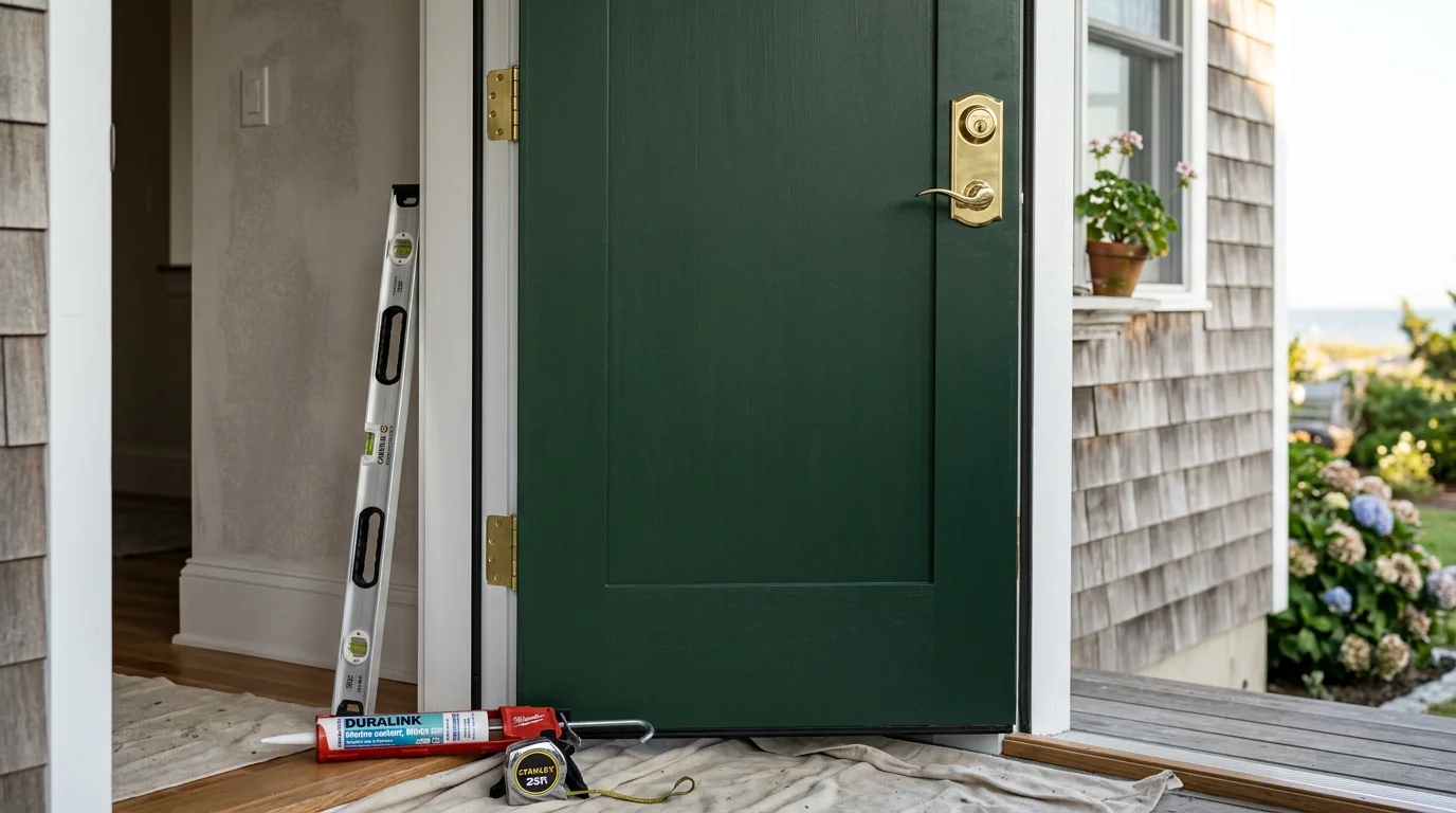 A newly installed exterior entry door on a residential home in Atlantic County, New Jersey, with a properly fitted frame and hardware. The door is flush against the threshold with clean weathersealing visible along the edges.