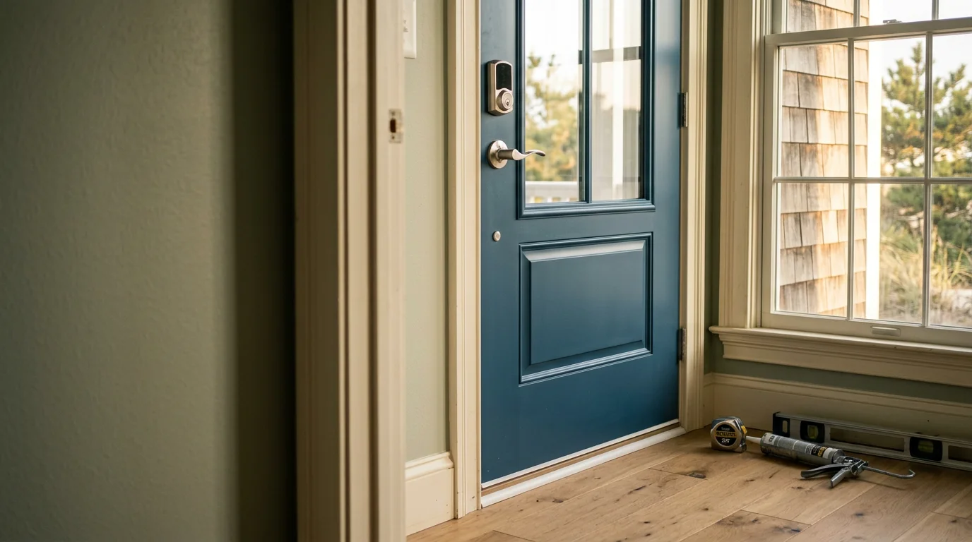 A newly replaced exterior entry door on a residential home in Atlantic County, New Jersey. The door sits flush in a clean frame with a tight seal, viewed from the front of the house.