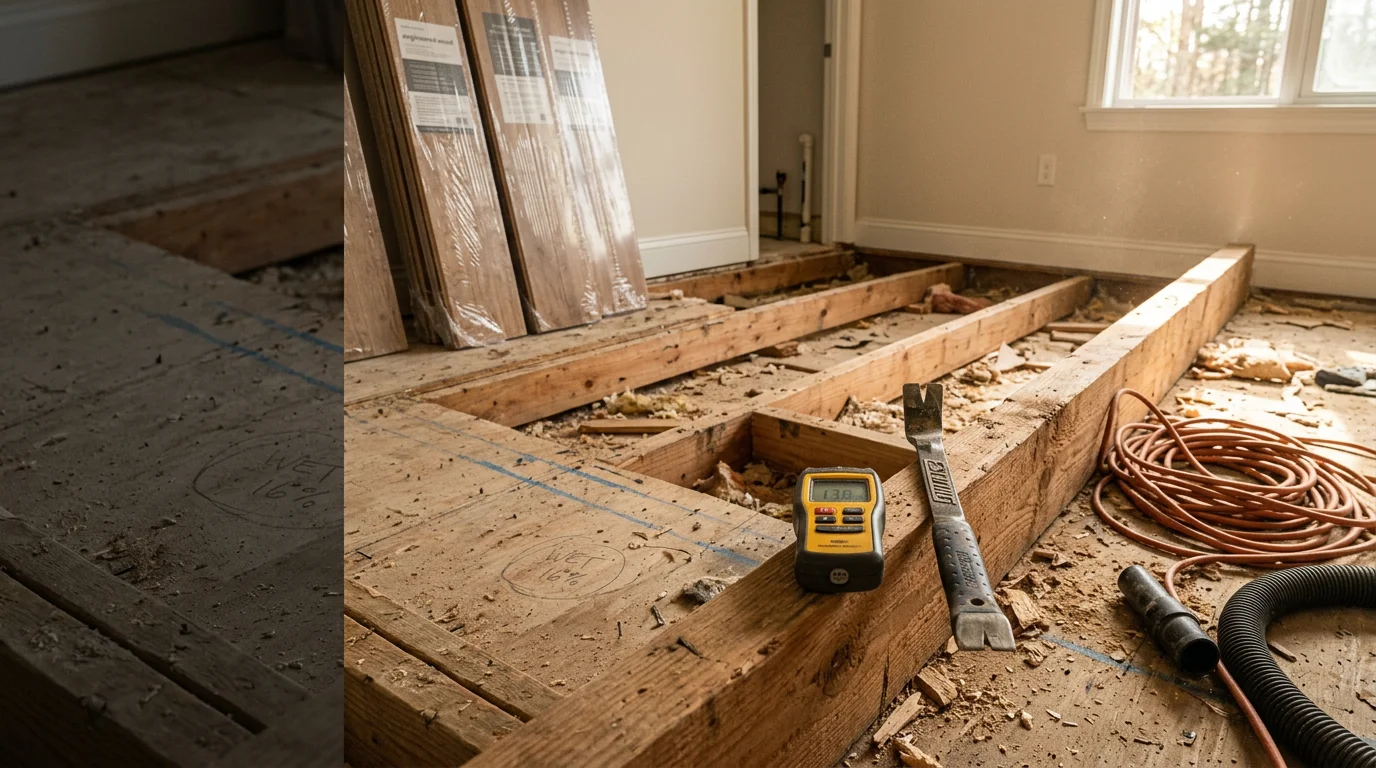 Freshly replaced flooring in a South Jersey home, showing a clean, even surface in a residential living area. The finished floor reflects the updated interior of an Atlantic County property after full flooring removal and installation.