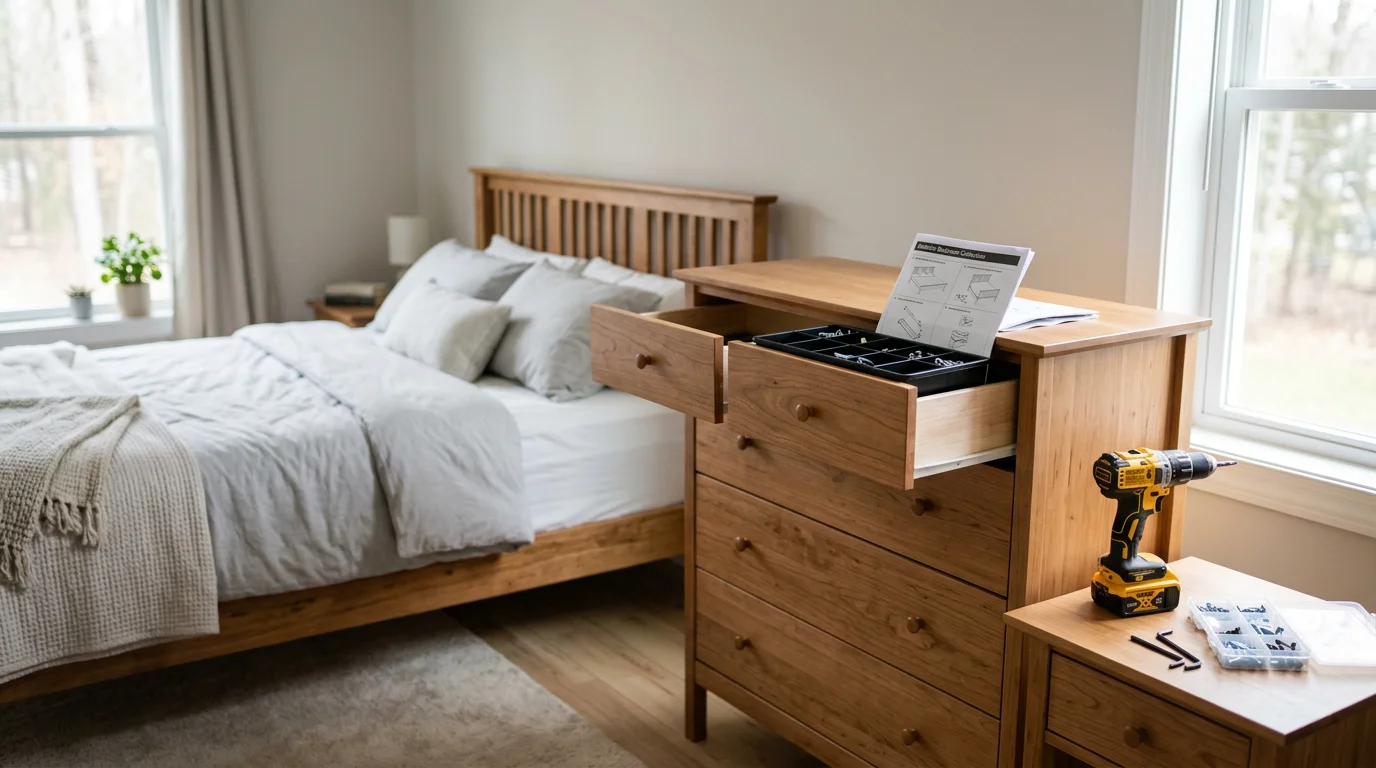 A fully assembled wooden dresser and bed frame set up in a residential bedroom in Atlantic County, New Jersey. A handyperson from GND Enterprises stands nearby with tools, with flat-pack boxes broken down and stacked to the side.
