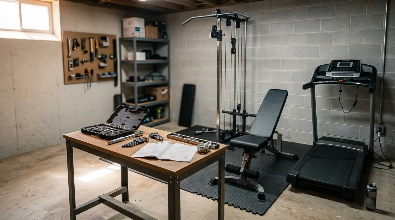A fully assembled multi-station home gym set up in a residential basement in Atlantic County, New Jersey. The equipment is positioned with clear floor space around it and all hardware secured.