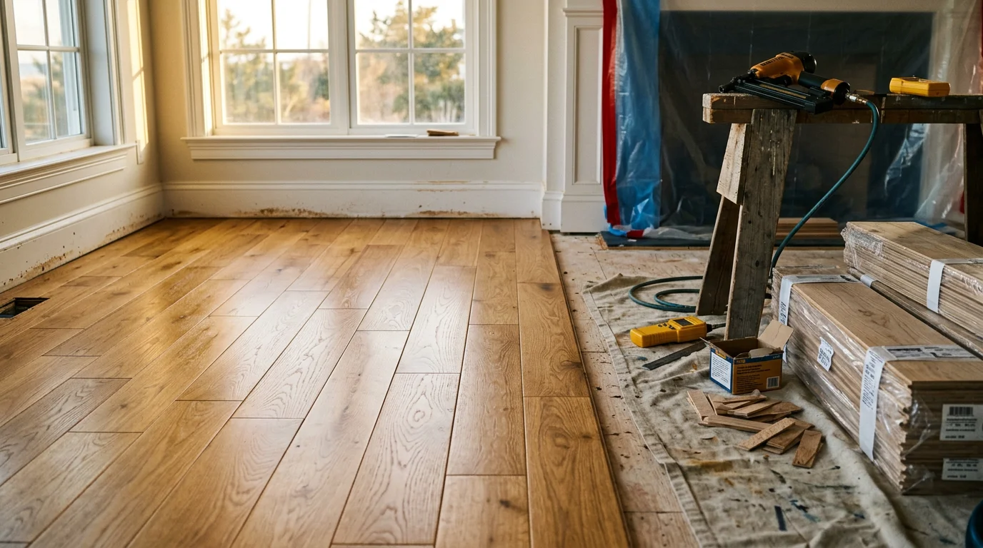 Newly installed hardwood flooring in a South Jersey home in Atlantic County, showing smooth plank rows with clean transitions at the room edges. Natural light highlights the wood grain finish across the open living area floor.