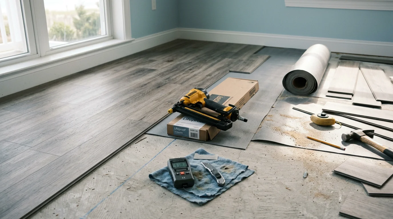 Freshly installed vinyl plank flooring in a South Jersey home in Atlantic County, showing clean plank rows with tight seams and a wood-look finish in a bright living room.