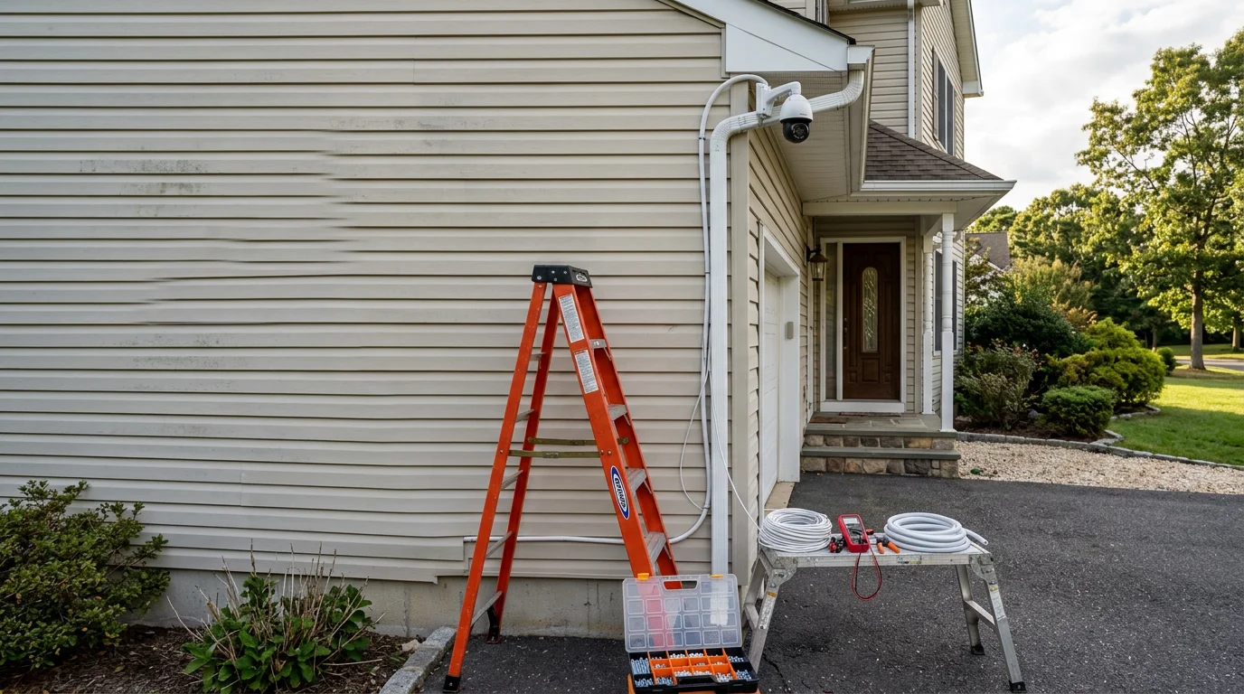 A security camera mounted on the exterior corner of a residential home in Atlantic County, New Jersey, angled to cover the front driveway and entry door. The camera is positioned high on the wall with clean cable routing against the siding.