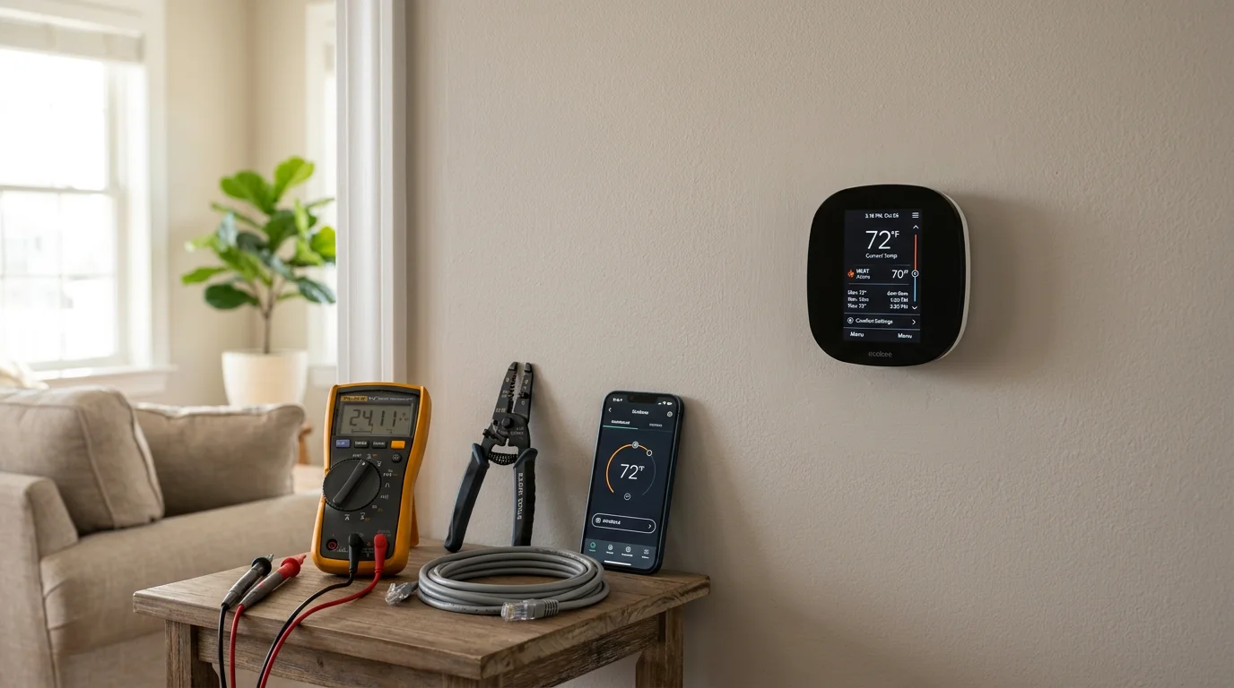 A smart thermostat mounted on an interior wall in a South Jersey home, displaying temperature and humidity settings. A GND Enterprises team member connects the device wiring during a professional installation visit in Atlantic County.