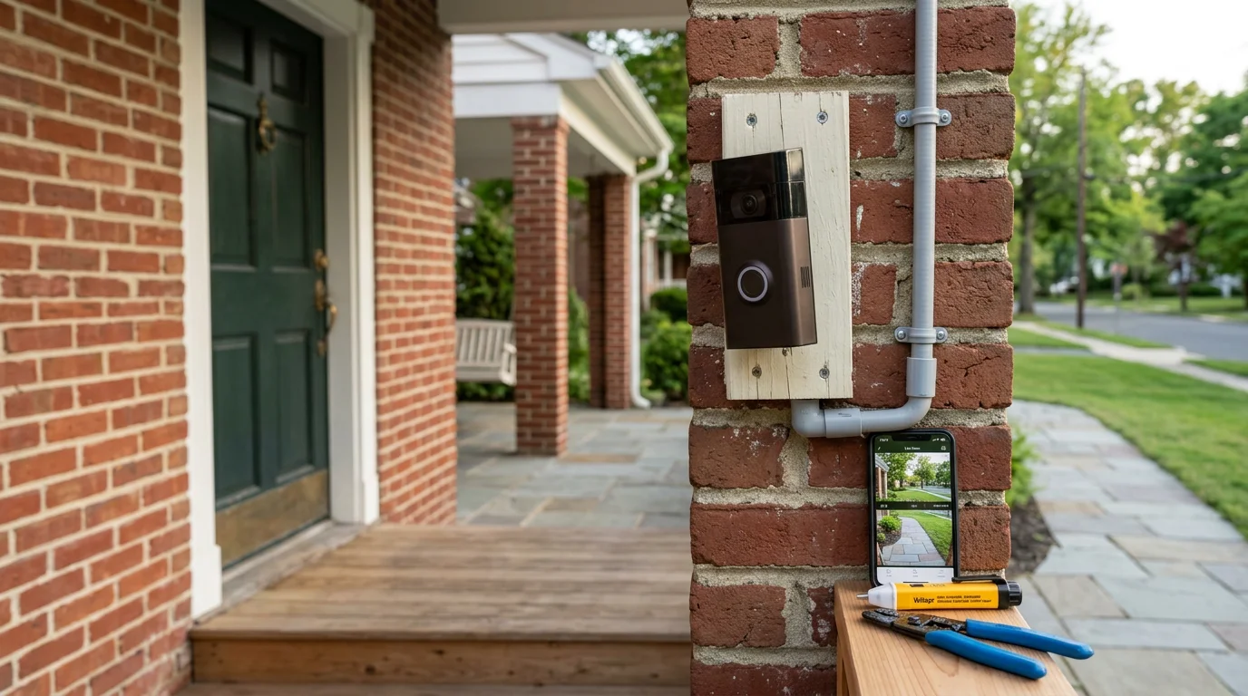 A video doorbell mounted on the brick exterior of a South Jersey home near the front entry door. A handyman from GND Enterprises adjusts the mounting bracket to set the correct camera angle for the Atlantic County property.