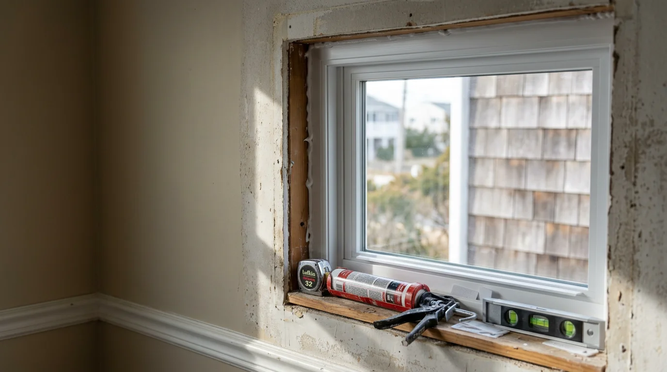 A newly installed window on a residential home in Atlantic County, New Jersey, with clean trim lines and a weather-tight fit visible from the exterior. The surrounding siding is intact and the window frame sits flush against the wall.