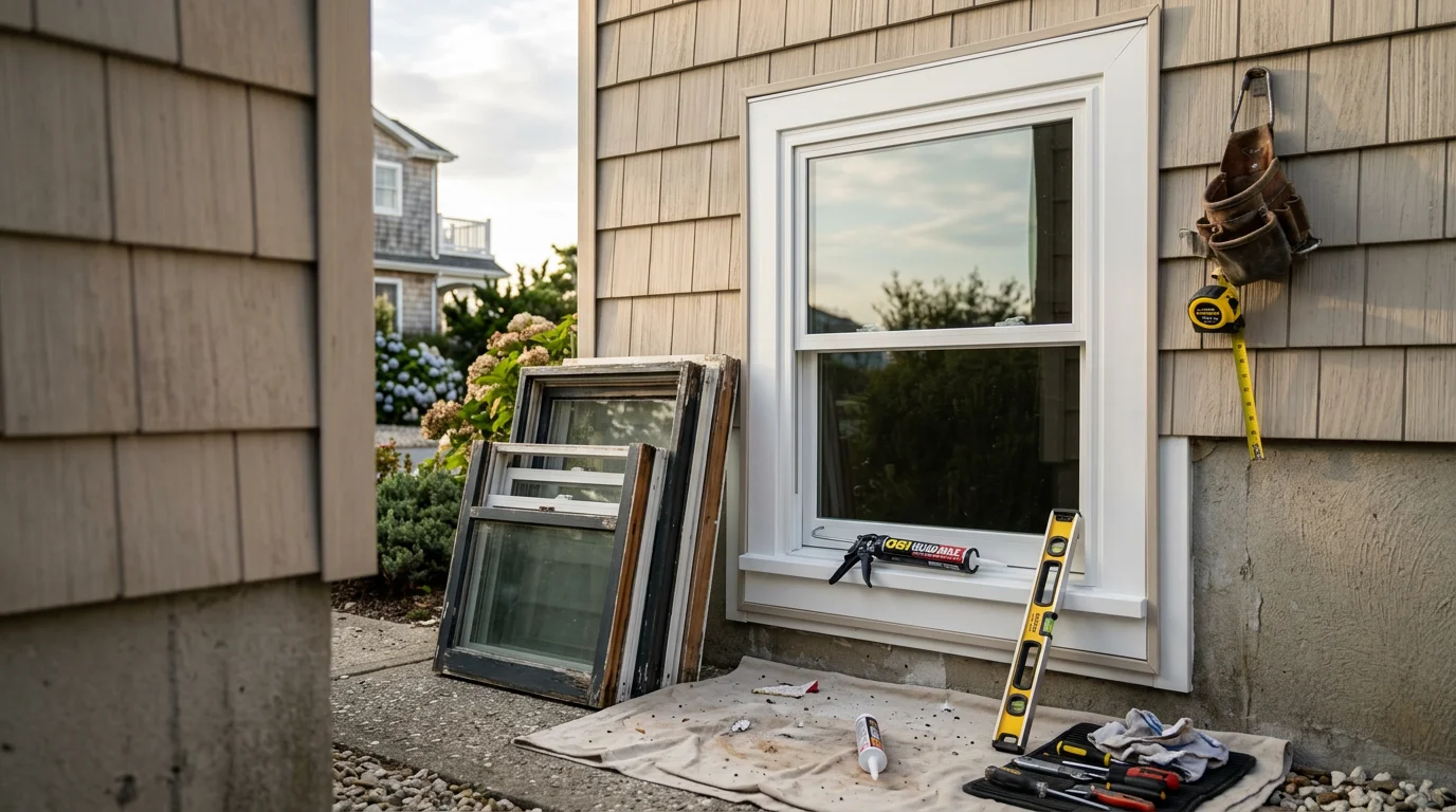 A freshly replaced window on a residential home in Atlantic County, NJ, with clean framing and a tight seal visible from the exterior. The surrounding siding shows a coastal South Jersey neighborhood setting.